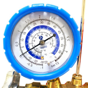 Appli Parts APMG-A4B36S Manometro R600, Escala Dual Presion psi/bar, Escala Dual Temperatura Fahrenheit/Centigrado, Cuerpo de Laton con Visor, Incluye Mangueras 90 cm 1/4 SAE