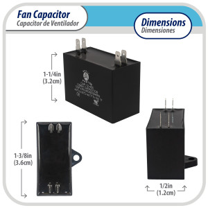 Appli Parts Fan motor Capacitor 1.5 mfd (microfarads) uf 450VAC CBB61 with 4 Terminal connections universal fit for electric fan applications  1-3/8in Width 1/2in Depth 1-1/4in Height CAP-1.5-450