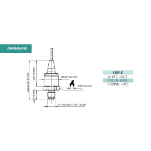 Full Gauge SB69-100V Pressure Transducer 0-100 PSI (0-6 bar), 1/4 in SAE Male, supply 5 V, output 0.5 to 4.5 V, operating temperature range -40 F to 212 F (-40 C to 100 C)