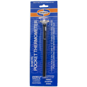 Uniweld 69901 Analog Pocket Thermometer, 1 in Dial, Dual Scale, -40 to 160 F, -40 to 70 C, Stainless Steel Probe, Plastic carrying case with pocket clip