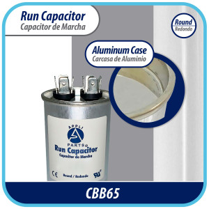 Appli Parts Condensador Capacitor de Marcha 45 Mfd uF (microfaradios) 370VAC o 450VAC CBB65 Universal Aire acondicionado y otras aplicaciones Redondo UL E476928 10.8cm Alto 4.7cm Ancho CON-45-450