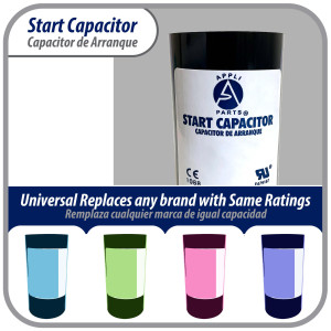 Appli Parts motor start capacitor 161-193 Mfd (microfarads) uF 250 VAC universal fit for electric motor applications 1-7/16 in Wide 3-3/8 in Height CON-161-250

