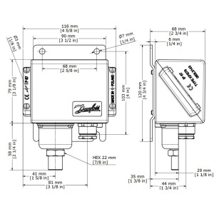 Danfoss 060-310466 Presostato KPS33 Rango regulacion Pe 0 - 3.5 bar, Diferencial  0.2 bar, Funcion rearme Auto, Tipo de conexion de Presion G, Dimension conexion Presion 1/4, Grado de proteccion de la carcasa IP67, Presion de trabajo max 10 bar