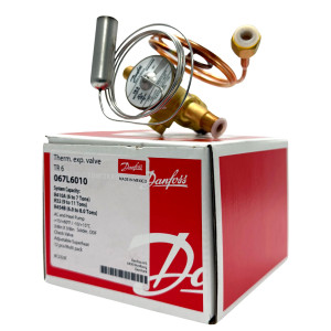Danfoss 067L6010 7TR Valvula de Expansion Termostatica, TR 6, R410A,R454B,R32, 3/8x3/8 pulg Soldable, ODF, 1/4 pulg Tubo Cap. Flare, Troquel flecha 1-Via, -10 a 15 C