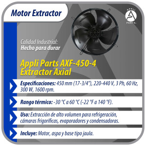 Appli Parts AXF-450-4 17-3/4 in Axial Fan Motor Guard Mounted Fan Blade 220-440 V, 3Ph 50-60Hz 300W, 1600rpm, Universal replacement for Cold Room Evaporators, Condensing Units, Work Temp -22F to 140F