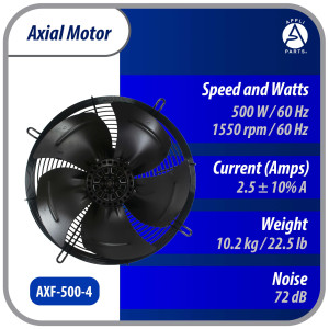 Appli Parts AXF-500-4 Extractor Axial 500 mm (19-3/4 pulg) 220-440 V, 3 ph, 60 Hz, 500 W, 1550 rpm, Rango Temperatura -30 C a 60 C, incluye aspa y base tipo jaula
