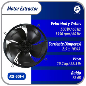 Appli Parts AXF-500-4 19-3/4 in Axial Fan Motor Guard Mounted Fan Blade 220-440 V, 3 Ph, 50-60 Hz, 500 W, 1550 rpm, Work Temp -22 F to 140 F