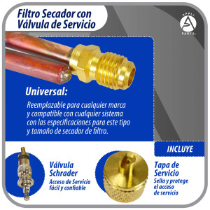 Appli Parts APFD-115S 10 Unidades de Filtro Secador con conexion 1/4 x 1/4 pulg 15 gramos, con valvula de gusanillo, para uso en sistema de refrigeracion y aire acondicionado