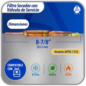 Appli Parts APFD-115S 10 Unidades de Filtro Secador con conexion 1/4 x 1/4 pulg 15 gramos, con valvula de gusanillo, para uso en sistema de refrigeracion y aire acondicionado