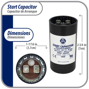Appli Parts motor start capacitor 100-120 Mfd (microfarads) uF 110-125 VAC universal fit for electric motor applications 1-7/16 in Diameter 2-3/4 in Height CON-100-110

