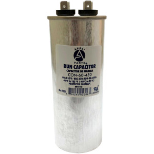 Appli Parts Run Capacitor for ac 60 Mfd uF (microfarads) 370 VAC or 450 VAC CBB65 Round Universal fit for hvac and other applications 5-7/16 in High 2 in Wide CON-60-450