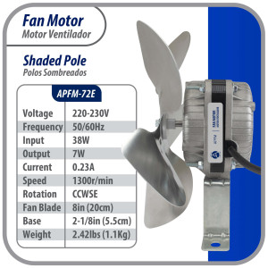 Appli Parts APFM-72E 7W Condenser and Evaporator Fan Motor 220V 60Hz 0.23A, Includes 8in Aluminum Fan Blade and Mounting Base, Universal Replacement for Commercial Refrigeration Units