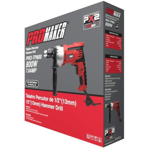 Promaker 1/2in Hammer Drill PRO-TP800 Voltage - Frequency: 120V - 60Hz Amperage: 7.0AMP Power: 800W Speed: 0-2800rpm Chuck size: 1/2in (13mm) Weight: 5.06Lb Cord: 6.5ft