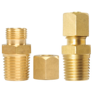 Appli Parts APWF-100BC Acople de Reduccion de compresion de laton de 1/4 pulg para filtro de agua en linea con conexion NPT macho de 3/8 pulg para tuberia de cobre o PVC