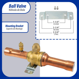 Appli Parts APBV-078 Valvula de Cierre 7/8 in tipo Bola de conexion soldable con puerto de servicio SAE de 1/4 in, presion maxima de trabajo 610 psi temperaturas de -30 C a 120 C longitud total 200mm