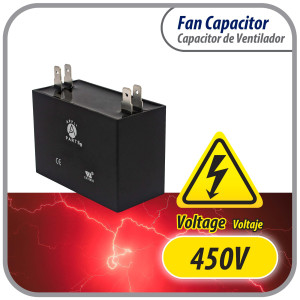 Appli Parts Fan Capacitor 3 mfd (microfarads) uf 450 VAC with 4 Terminal Connections compatible with any brand within the same range of capacitance 1-1/2in Width 3/4in Depth 1-1/2in Height CAP-3-450