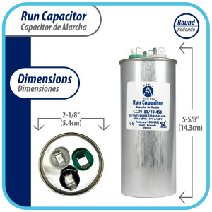 Appli Parts Dual Run Capacitor for ac 55+10 Mfd uF (microfarads) 370VAC or 450VAC CBB65 Round Universal fit for hvac and other applications 5-5/8 in High 2-1/8 in Wide CON-55/10-450