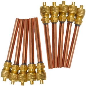 Appli Parts 10 unidades Valvula de acceso de 1/4 SAE x 1/4 pulg OD x con vastago de cobre de 5cm de largo con nucleo y tapa de laton con removedor de nucleo y empacadura APVS-14142K10