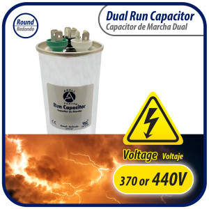 Appli Parts Dual Run Capacitor for ac 65+10 Mfd uF (microfarads) 370VAC or 450VAC CBB65 Round Universal fit for hvac and other applications 5-1/4 in High 2-1/4 in Wide CON-65/10-450