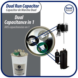 Appli Parts Dual Run Capacitor for ac 35+10 Mfd uF (microfarads) 370VAC or 450VAC Round Universal fit for hvac and other applications 5-1/4 in High 2 in Wide CON-35/10-450 