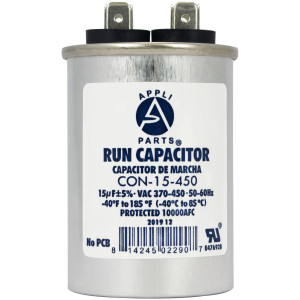 Appli Parts Run Capacitor for ac 15 Mfd uF (microfarads) 370 VAC or 450 VAC CBB65 Round Universal fit for hvac and other applications 3 in High 1-5/8 in Wide CON-15-450