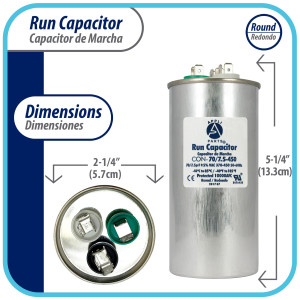 Appli Parts Dual Run Capacitor for ac 70+7.5 Mfd uF (microfarads) 370VAC or 450VAC CBB65 Round Universal fit for hvac and other applications 5-1/4 in High 2-1/4 in Wide CON-70/7.5-450