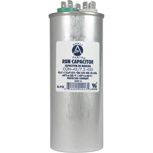 Appli Parts Dual Run Capacitor for ac 45+7.5 Mfd uF (microfarads) 370VAC or 450VAC CBB65 Round Universal fit for hvac and other applications 5-3/8 in High 2 in Wide CON-45/7.5-450
