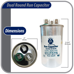 Appli Parts Dual Run Capacitor for ac 20+5 Mfd uF (microfarads) 370VAC CBB65 Round Universal fit for hvac and other applications 2 in Wide 3-3/4 in Height CON-15/5-370-R
