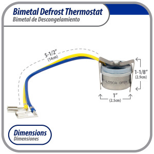 Appli Parts APBT-L55CA Bimetal Thermostat 2 Wire, Open 55 F and Close 40 F, With Clip, blue and yellow colored wires, Reference BIM-318 / Thermodisc