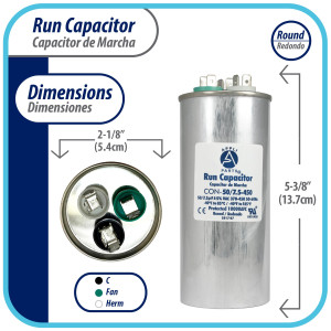 Appli Parts Dual Run Capacitor for ac 50+7.5 Mfd uF (microfarads) 370VAC or 450VAC CBB65 Round Universal fit for hvac and other applications 5-3/8 in High 2-1/8 in Wide CON-50/7.5-450 
