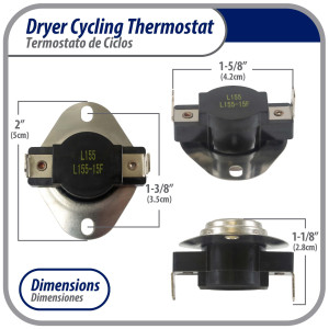 Appli Parts APTD-L155 Cycling thermostat L155-15F universal replacement for multiple brand dryers older commercial models only 2 connections replaces 60T11, D501759