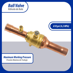 Appli Parts APBV-034 Valvula de Cierre 3/4 in tipo Bola de conexion soldable con puerto de servicio SAE de 1/4 in, presion maxima de trabajo 610 psi temperaturas de -30 C a 120 C longitud total 180mm