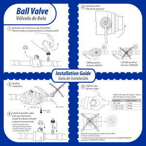 Appli Parts APBV-034 Valvula de Cierre 3/4 in tipo Bola de conexion soldable con puerto de servicio SAE de 1/4 in, presion maxima de trabajo 610 psi temperaturas de -30 C a 120 C longitud total 180mm
