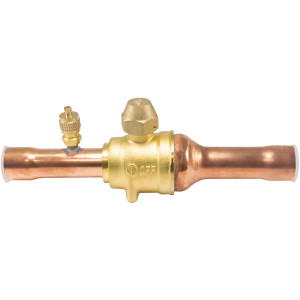 Appli Parts APBV-034 Valvula de Cierre 3/4 in tipo Bola de conexion soldable con puerto de servicio SAE de 1/4 in, presion maxima de trabajo 610 psi temperaturas de -30 C a 120 C longitud total 180mm