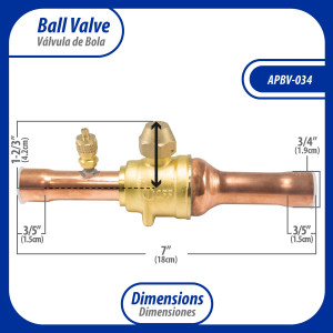 Appli Parts APBV-034 Valvula de Cierre 3/4 in tipo Bola de conexion soldable con puerto de servicio SAE de 1/4 in, presion maxima de trabajo 610 psi temperaturas de -30 C a 120 C longitud total 180mm
