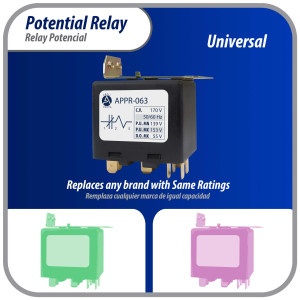 Appli Parts APPR-063 Relay Potencial 063, Voltaje de Bobina 170 V, Recogida Minima 139 V, Recogida Maxima 153 V, Caida Maxima 55 V, 50/60Hz Remplazo universal para refrigeracion y aire acondicionado