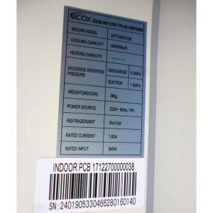 Ceiling/Floor 60.000btu R22/R410 230v/60hz/1ph Ecox Eptc060c10b