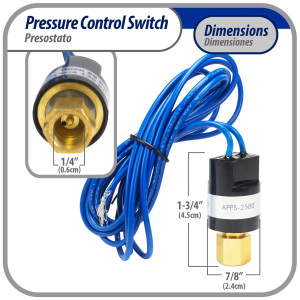 Appli Parts APPS-2580 Lo Pressure Control Switch R22, Open 25 psi, Close 80 psi, 40 in Cable, SPST, 1/4 SAE female connection, Automatic Reset, universal replacement for Air Conditioning Applications