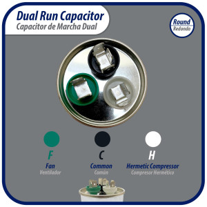 Appli Parts Dual Run Capacitor for ac 75+10 Mfd uF (microfarads) 370VAC or 450VAC CBB65 Round Universal fit for hvac and other applications 5-5/8 in High 2-1/4 in Wide CON-75/10-450