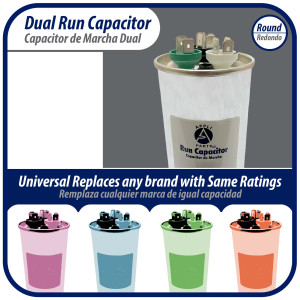 Appli Parts Dual Run Capacitor for ac 75+10 Mfd uF (microfarads) 370VAC or 450VAC CBB65 Round Universal fit for hvac and other applications 5-5/8 in High 2-1/4 in Wide CON-75/10-450