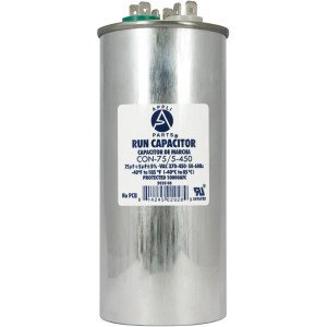 Appli Parts Dual Run Capacitor for ac 75+5 Mfd uF (microfarads) 370VAC or 450VAC CBB65 Round Universal fit for hvac and other applications 5-5/8 in High 2-1/4 in Wide CON-75/5-450