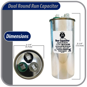Appli Parts Dual Run Capacitor for ac 55+7.5 Mfd uF (microfarads) 370VAC CBB65 Round Universal fit for hvac and other applications 5-1/4in Height 2-1/4in Wide CON-55/7.5-370-R 