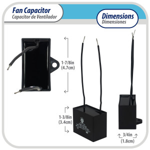 Appli Parts Fan Capacitor 6 mfd (microfarads) uf 250 VAC with 2 Wire Terminal Connections compatible with any brand with same capacitance 1-7/8in Width 3/4in Depth 1-3/8in Height CAP-6-250-2C
