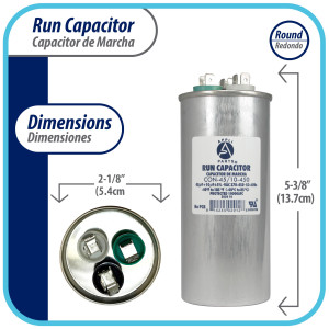 Appli Parts Dual Run Capacitor for ac 45+10 Mfd uF (microfarads) 370VAC or 450VAC Round Universal fit for hvac and other applications 5-3/8 in High 2-1/8 in Wide CON-45/10-450
