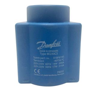 Danfoss 018F6193 Solenoid Coil 220-230 V, 60 Hz, 14 W, 50 Hz, 17 W, IP20, BE230CS, DIN Spade