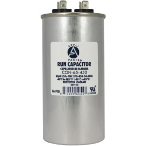 Appli Parts Run Capacitor for ac 65 Mfd uF (microfarads) 370 VAC or 450 VAC CBB65 Round Universal fit for hvac and other applications 4-3/4 in High 2 in Wide CON-65-450
