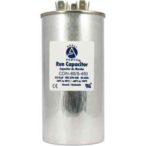Appli Parts Dual Run Capacitor for ac 65+5 Mfd uF (microfarads) 370VAC or 450VAC CBB65 Round Universal fit for hvac and other applications 5-1/8 in High 2-1/4 in Wide CON-65/5-450