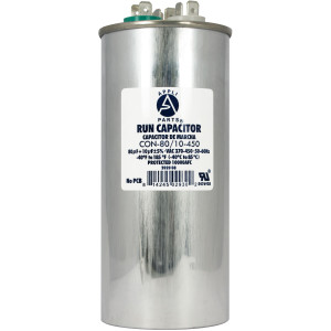 Appli Parts Dual Run Capacitor for ac 80+10 Mfd uF (microfarads) 370VAC or 450VAC CBB65 Round Universal fit for hvac and other applications 5-5/8 in High 2-1/4 in Wide CON-80/10-450