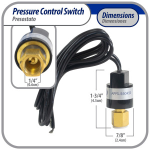 Appli Parts APPS-550450 Valvula Presostato R410 Alta, Abre 550 psi, Cierra 450 psi, 1 m Cable, SPST, 1/4 SAE Hembra, Reset Automatico, remplazo Universal para Aire Acondicionado