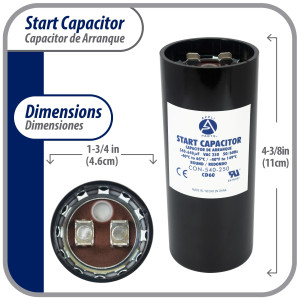 Appli Parts motor start capacitor 540-640 Mfd (microfarads) uF 250 VAC universal fit for electric motor applications 1-3/4 in Diameter 4-3/8 in Height CON-540-250

